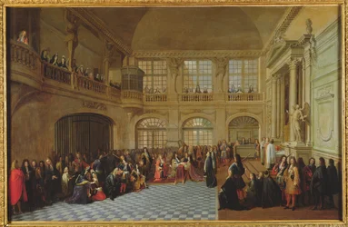 Philippe de Courcillon (1638-1720) Marqués de Dangeau jurando su lealtad al Rey Luis XIV (1638-1715) en 1695, finales del siglo XVII